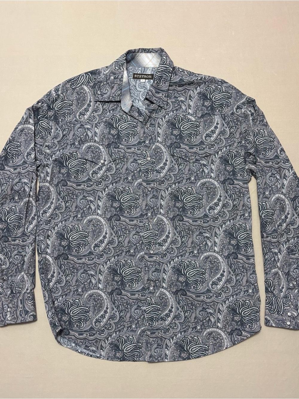 Stetson Men's Gray and White Paisley Pearl Snap Button-Down Shirt Size Large